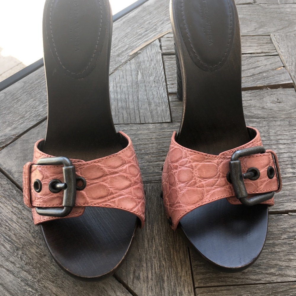 Bottega Veneta croc embossed buckle front sandal